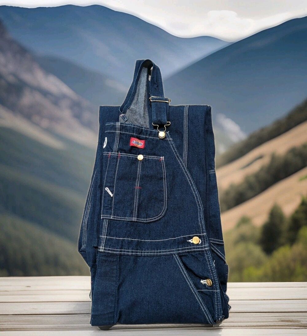 DICKIES INDIGO BLUE BIB OVERALLS DENIM CARPENTER WORK WEAR MENS SZ 38X32 EUC